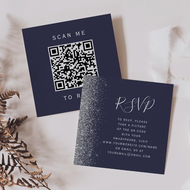 Mörkblå Silver Bröllop QR-kod RSVP-budget Tilläggskort (Skapare uppladdad)