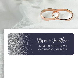 Mörkblå Silver Glitter Bröllopsadress Returadress Etikett