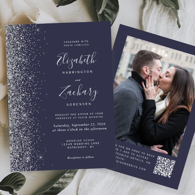 Mörkblå Silver Glitter Foto QR-kod Bröllop Inbjudningar (Skapare uppladdad)