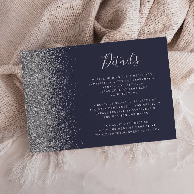 Mörkblå Silver Glitter Kant Bröllopsdetaljer Tilläggskort (Skapare uppladdad)