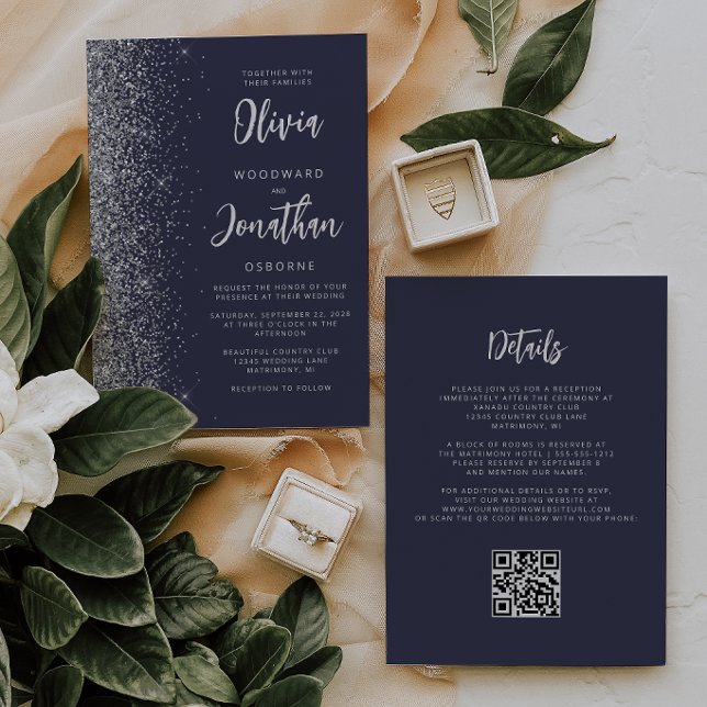 Mörkblå Silver Glitter QR-kod Bröllop Inbjudningar (Skapare uppladdad)