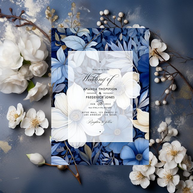 Mörkblå, Silver och Vita Blommiga Bröllop Inbjudningar (Skapare uppladdad)