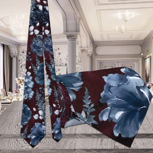 Mörkblå trädgårdsblommor Burgundy bröllopshalsduk Slips