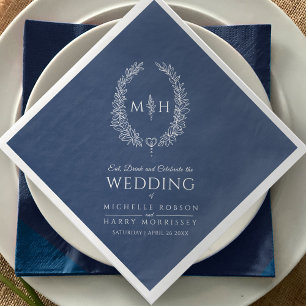 Mörkblå vit blad oval monogram konst bröllop pappersservett