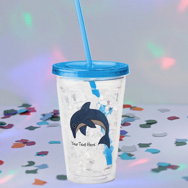 Mörkblå Vit Mag Glittrande Delfin Hoppar Take Away Mugg (Cute sparkle look dark blue and white jumping dolphin on acrylic drinking tumbler with straw.)