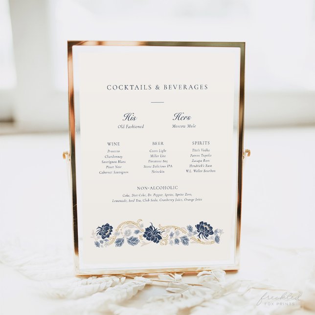 Mörkblått blomsterkonst Nouveau-bar meny skylt (Navy Blue and Gold Floral Art Nouveau Cocktail Menu)