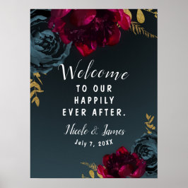 Mörkblått Drömmigt Blommigt Guld Grönska Bröllopss Poster