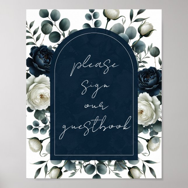 Mörkblått & Vitt Modernt Blommigt Gästboksskylt Poster (Framsidan)