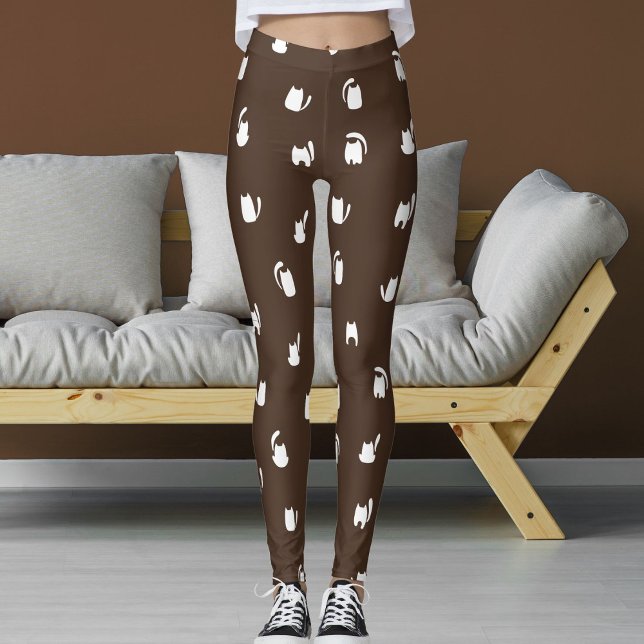 Mörkbrun Vitt Djur Husdjur Katter Katter Mönster Leggings (Skapare uppladdad)