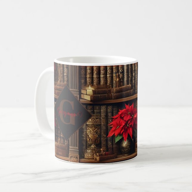 Mörken Anpassat namn Academia Poinsettia Bookshelf Kaffemugg (Framsida vänster)
