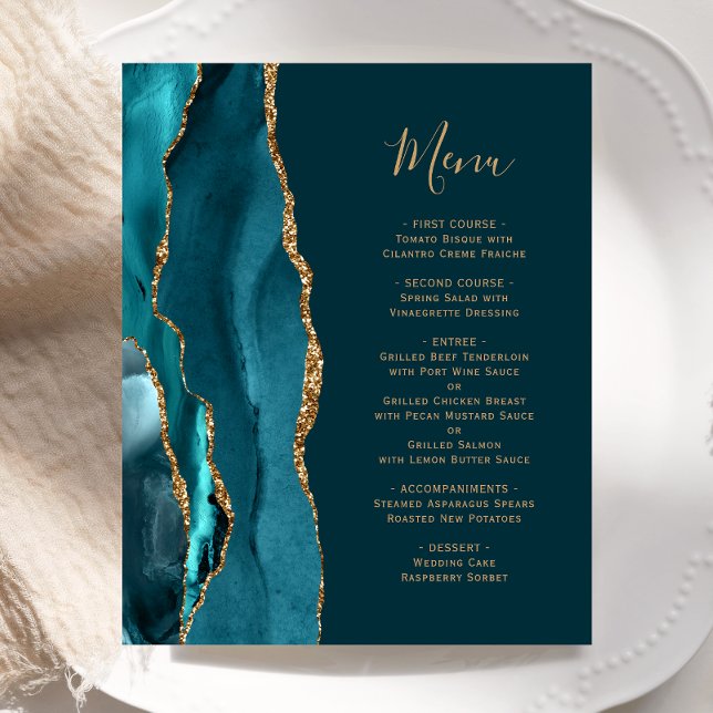 Mörken Budget Teal Guld Agate Bröllop Menu (Skapare uppladdad)