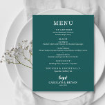 Mörken Enkel Elegant  Teal Bröllop Menu<br><div class="desc">Ett prisvärt pappert middagsmenykort på mörk-teal med dina matval i chic-vita bokstäver är perfekt för ett modernt bröllopsmöte, bröllop-repetitionsmiddag, årsdag party eller speciella evenemang med en sittande middag. Mått 4, 5 x 5, 6 tum (eller välj mellan 2 andra storlekar) tryckt på 110 lb papper vikt. Kuvert tillgängliga mot extra...</div>
