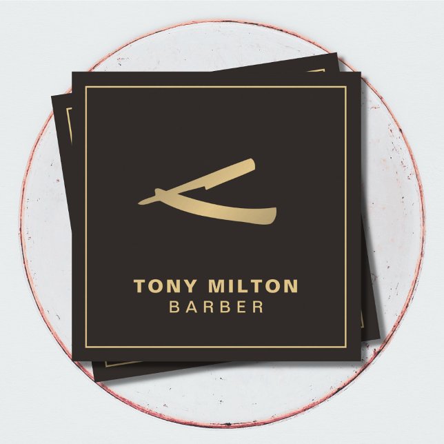 Mörken Faux Guld Razor Barber Elegant Faux Fyrkantigt Visitkort (Skapare uppladdad)