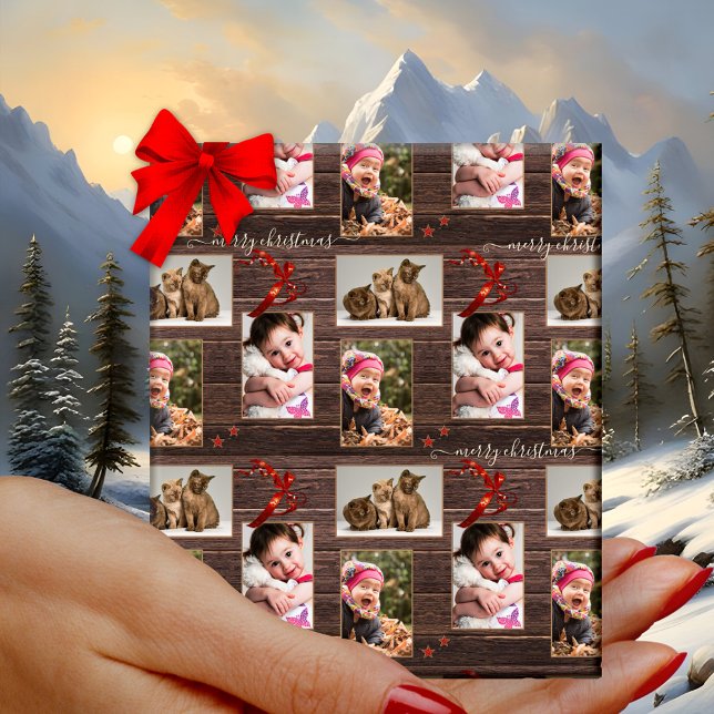 Mörken Foton Wood Festive jul Presentpapper (Christmas wrapping paper with your 3 photos on dark rustic wood with festive ribbons and stars)