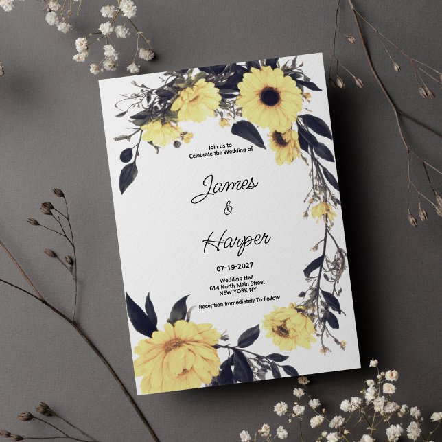 Mörken grått daisy gult blommigt Bröllop Inbjudningar (Watercolor yellow dark gray daisy floral Wedding )