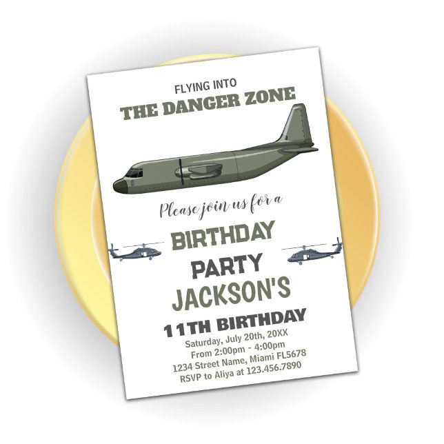 Mörken Grönt för bekämpning av Jet-födelsedagsinbj Inbjudningar (Fighter Jet Birthday Invitations Green Dark)