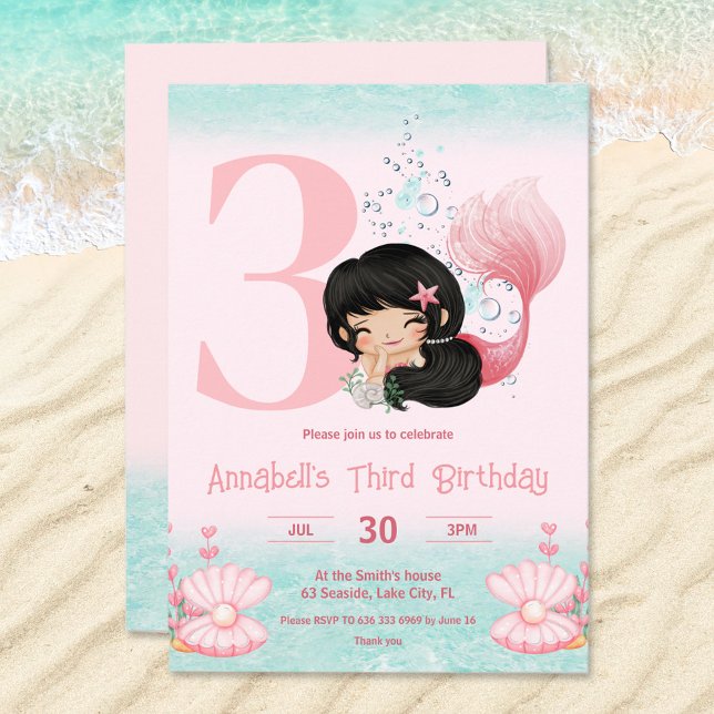 Mörken Hair Rosa Girl Birthday, Sjöjungfru Inbjudningar (Birthday invitation with cute mermaid with dark hair. For blonde please visit the store :))