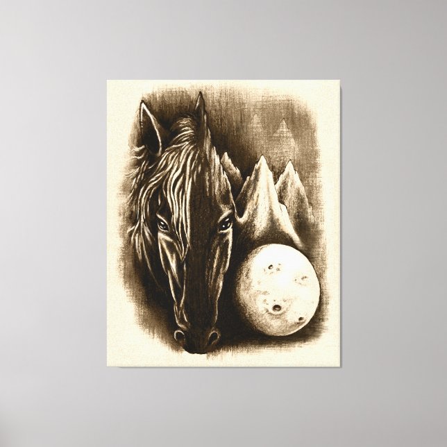 Mörken - Surreal Black Horse och Måne Canvastryck (Framsida)