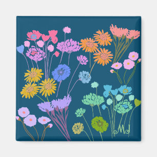 Mörken Teal+Initialer i färgade blommor i Lycklig Magnet