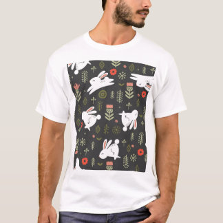 Mörkens bakgrund, vita kaniner, blommigtens vintag t shirt