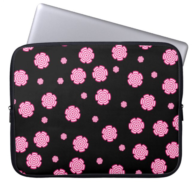 Mörkens bakgrundsljusa stiliserade rosa blommor. a laptop fodral (Framsidan)