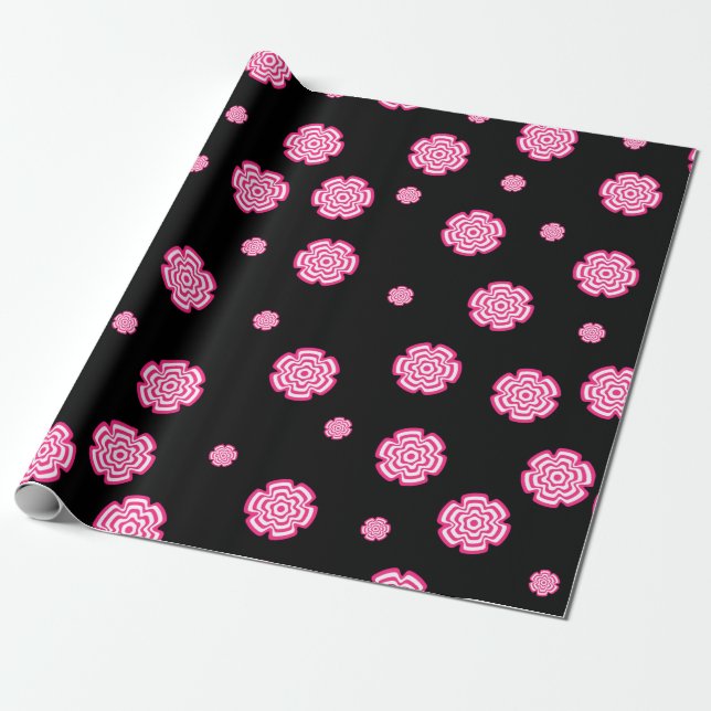 Mörkens bakgrundsljusa stiliserade rosa blommor. a presentpapper (Utrullad)