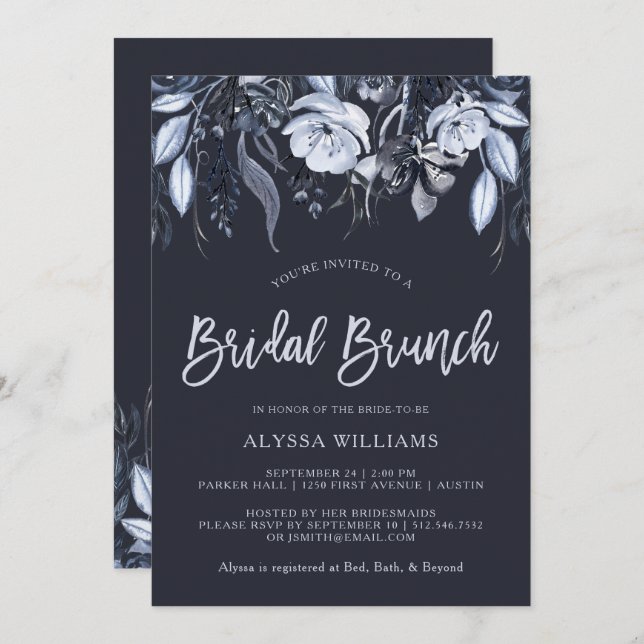 Mörkens Blommigt | Brunch för blåfärgad Möhippa Inbjudningar (Fram/baksida)