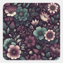 Mörkens Lila och Grönt Flowers Mönster Fyrkantigt Klistermärke