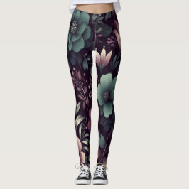 Mörkens Lila och Grönt Flowers Mönster Leggings