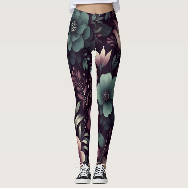 Mörkens Lila och Grönt Flowers Mönster Leggings (Framsida)