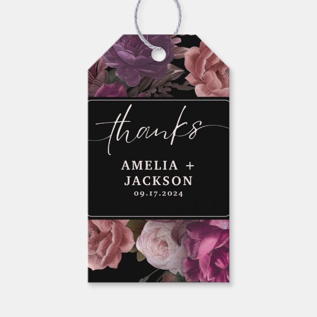 Mörkens moody blommigt för burgundsmaronbröllop presentetikett (Framsidan)