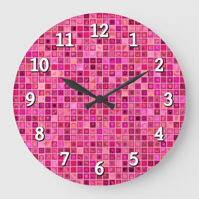 Mörkens Rosa "Watery" Mosaic Tile Mönster Stor Klocka (Framsida)