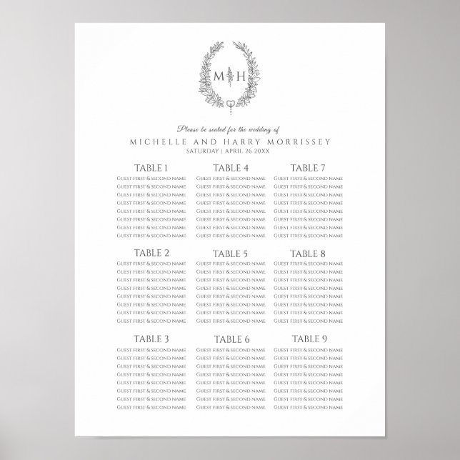 Mörkgrå blad krans bröllop placeringskarta poster (Framsidan)