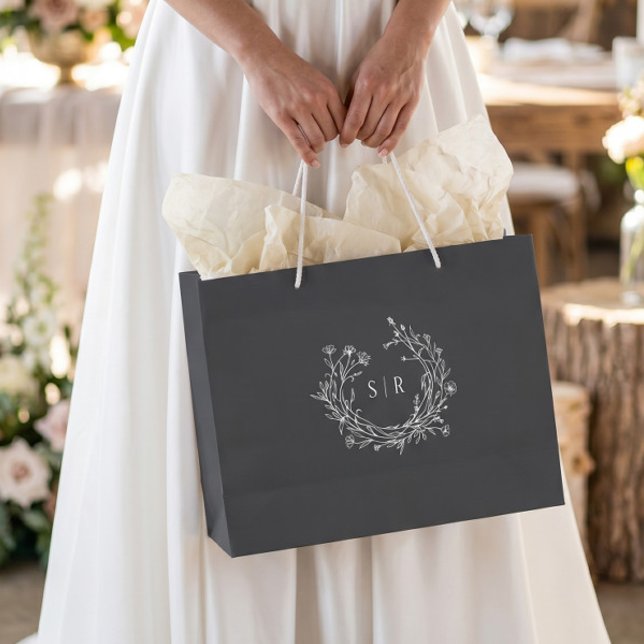 Mörkgrå botanisk monogram bröllop välkomstgäst (Skapare uppladdad)