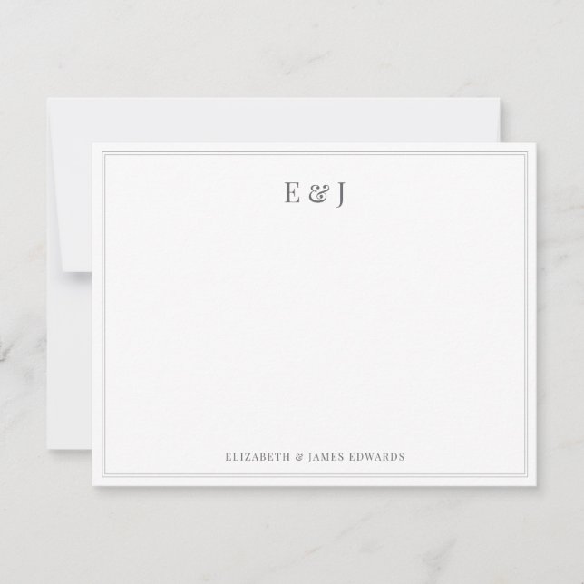 Mörkgrå Dubbel Kant Elegant Par Monogram Anteckningskort (Framsida)