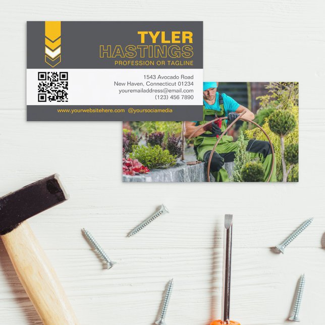 Mörkgrå gula pilar QR-kod fotomal Visitkort (Skapare uppladdad)