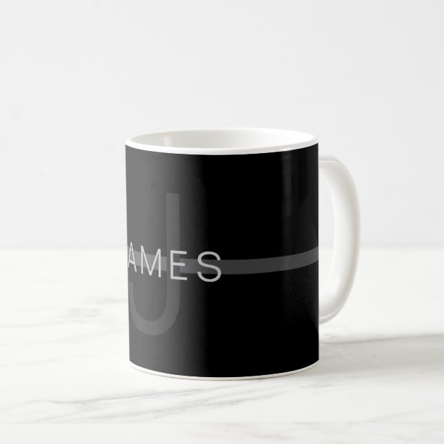 Mörkgrå monogram, namn & geometrisk rand kaffemugg (Framsida höger)