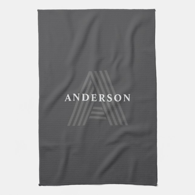 Mörkgrå Retro Modernt Monogram Namn Kökshandduk (Vertikal)