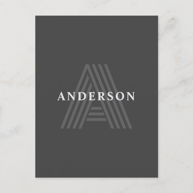 Mörkgrå Retro Modernt Monogram Namn Vykort (Framsida)