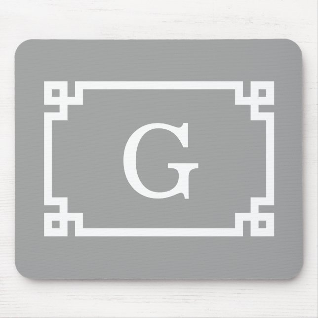 Mörkgrå Vit Grekisk Nyckel Ram #2 Initial Monogram Musmatta (Framsidan)