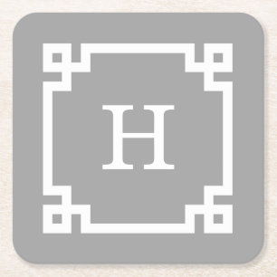 Mörkgrå Vit Grekisk Nyckel Ram #2 Initial Monogram Underlägg Papper Kvadrat