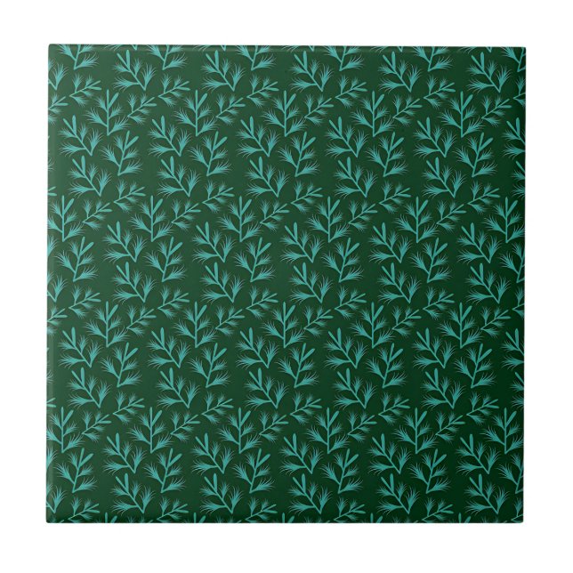 Mörkgrön bakgrund med tealgröna botaniska blad kakelplatta (Framsidan)