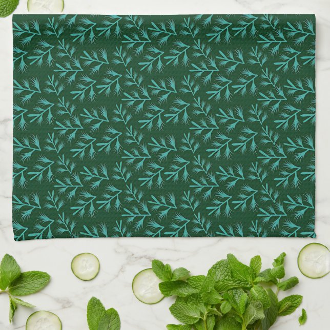 Mörkgrön bakgrund med tealgröna botaniska blad kökshandduk (Vikta)
