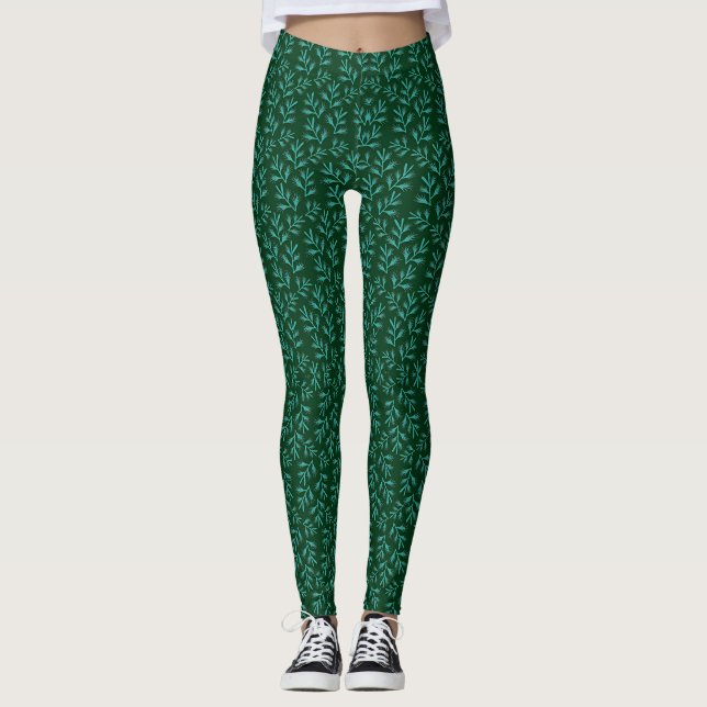 Mörkgrön bakgrund med tealgröna botaniska blad leggings (Framsida)