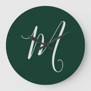 Mörkgrön Enkel Elegant Modern Egen Namn Monogram Stor Klocka
