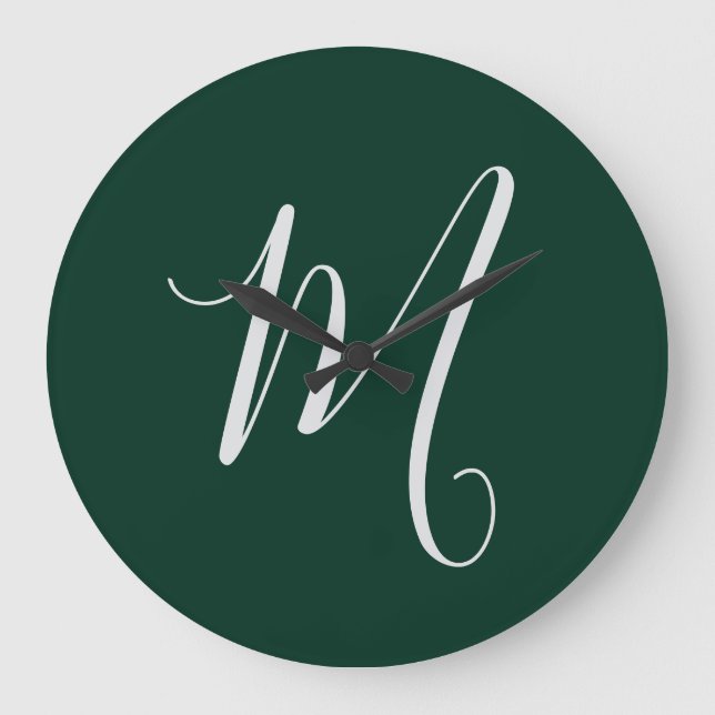 Mörkgrön Enkel Elegant Modern Egen Namn Monogram Stor Klocka (Framsida)