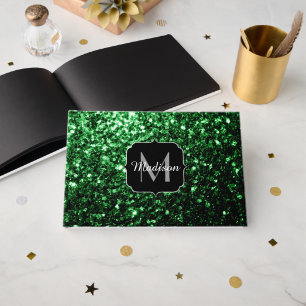Mörkgrön falsk glittergnistrande monogram gästböcker