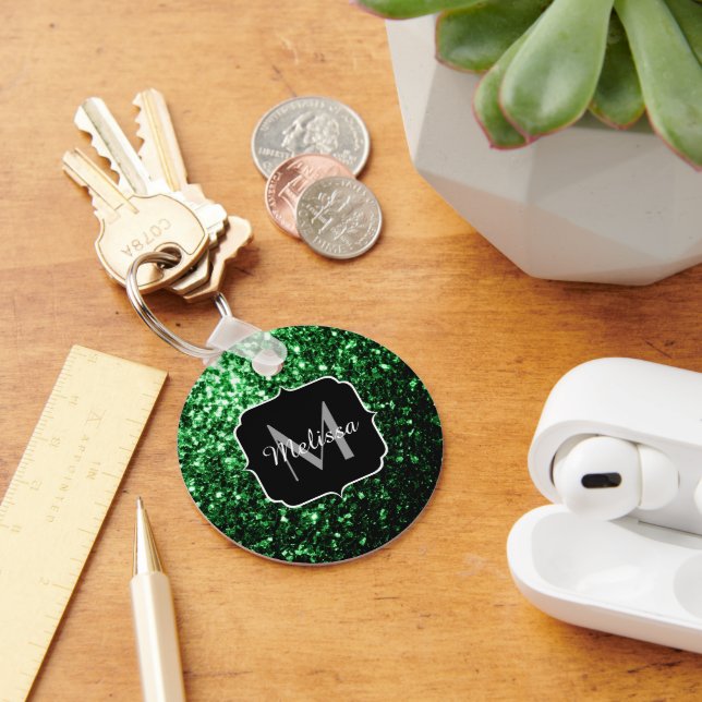 Mörkgrön falsk glittergnistrande monogram nyckelring (Skrivbord)