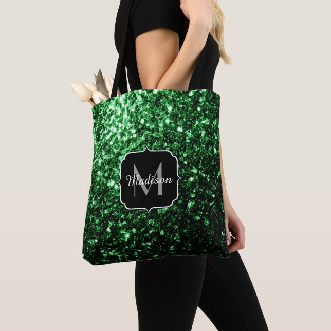 Mörkgrön falsk glittergnistrande monogram tygkasse (Närbild)