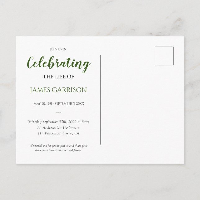 Mörkgrön firande av liv med foto begravning vykort (Baksida)